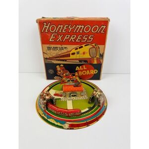 Vintage 1920's MARX Honeymoon Express Wind Up Tin Train Toy Winds Up Works w/box